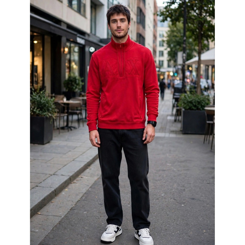 Armani Exchange Mens Red Quarter Zip AX Logo Cotton Sweatshirt Large